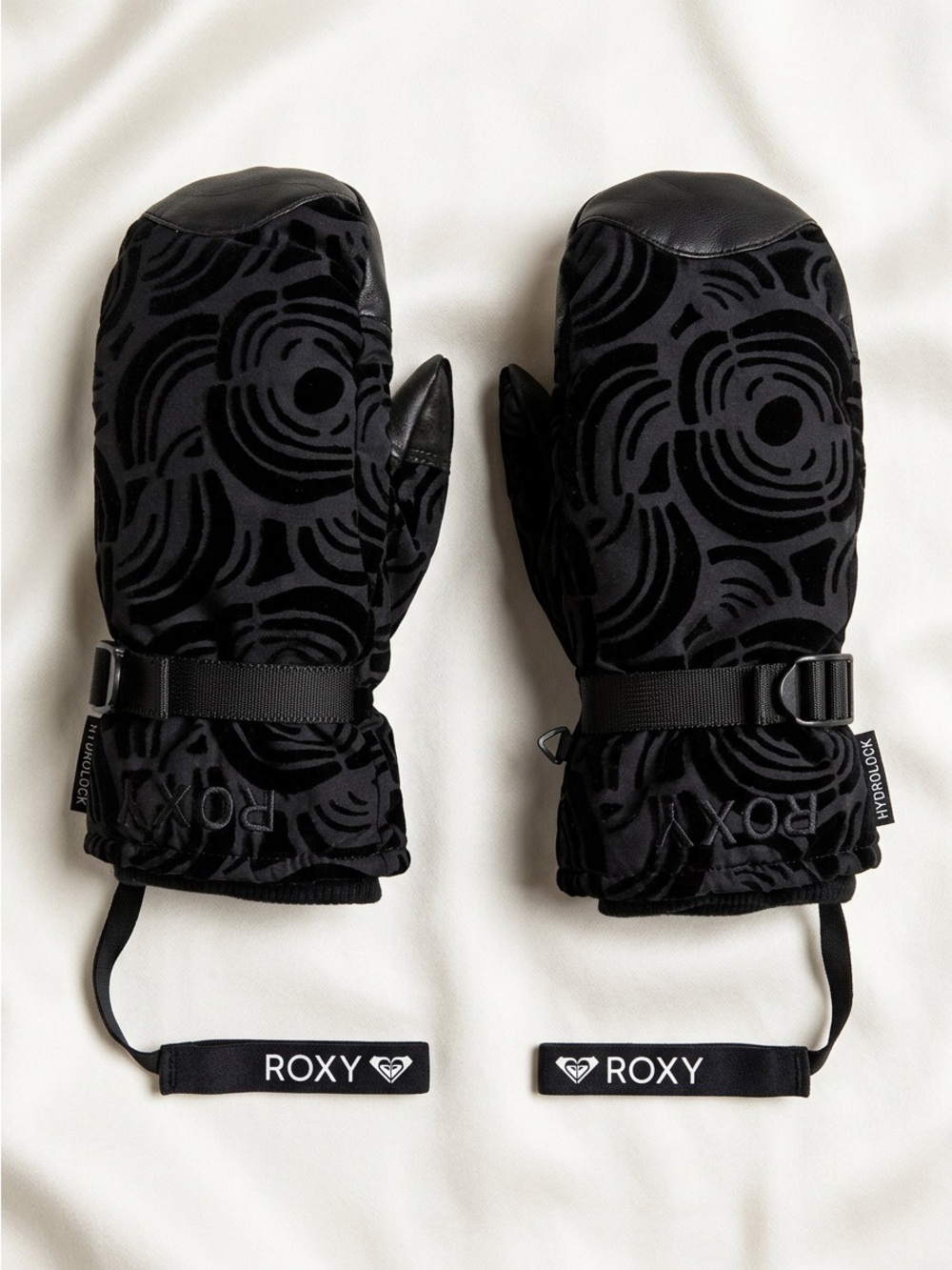 Roxy Womens Black Embossed Pattern Winter Ski Snowboard Mittens Mitts Size Med